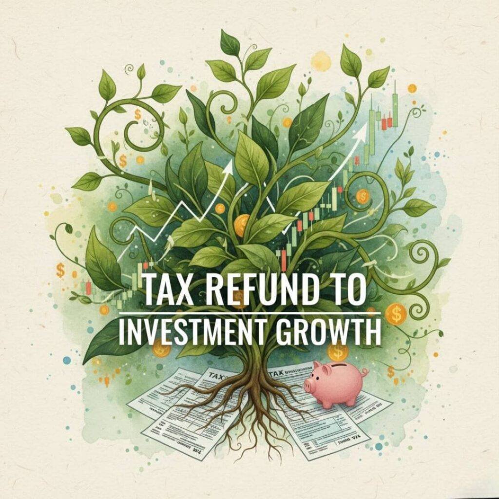 Growing plants, stock charts, investment growth, tax refund.