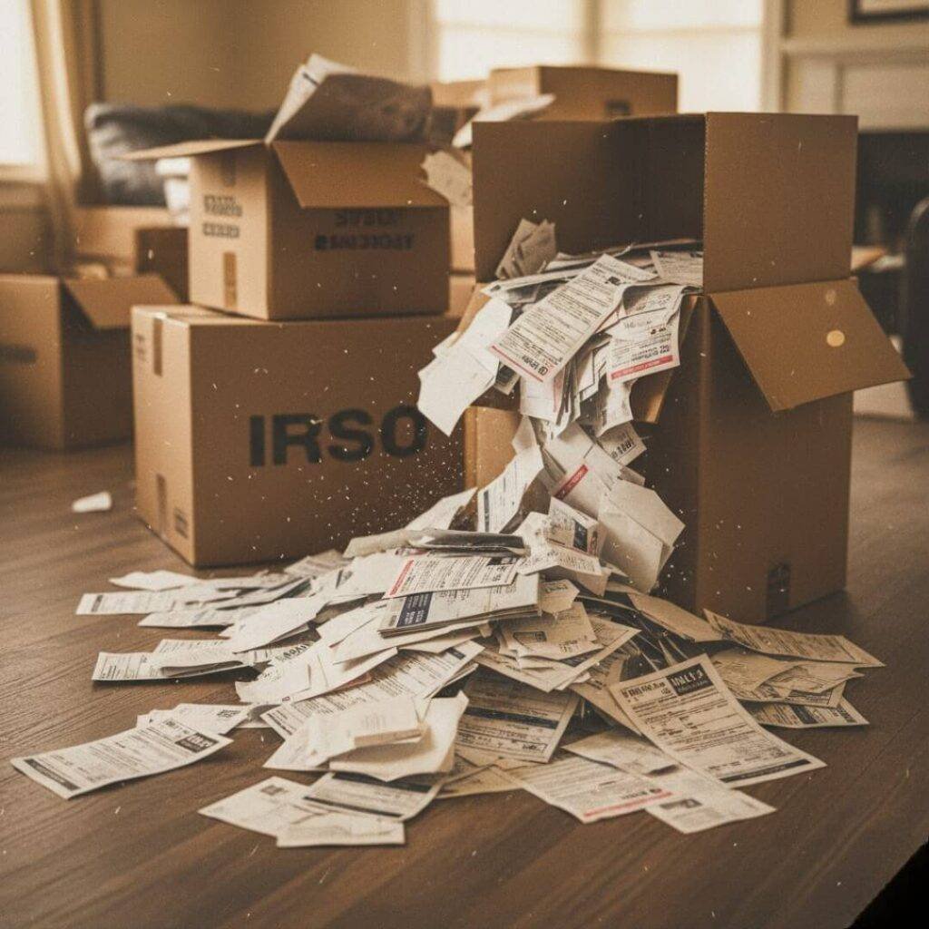 Moving boxes spilling tax papers in vintage style.