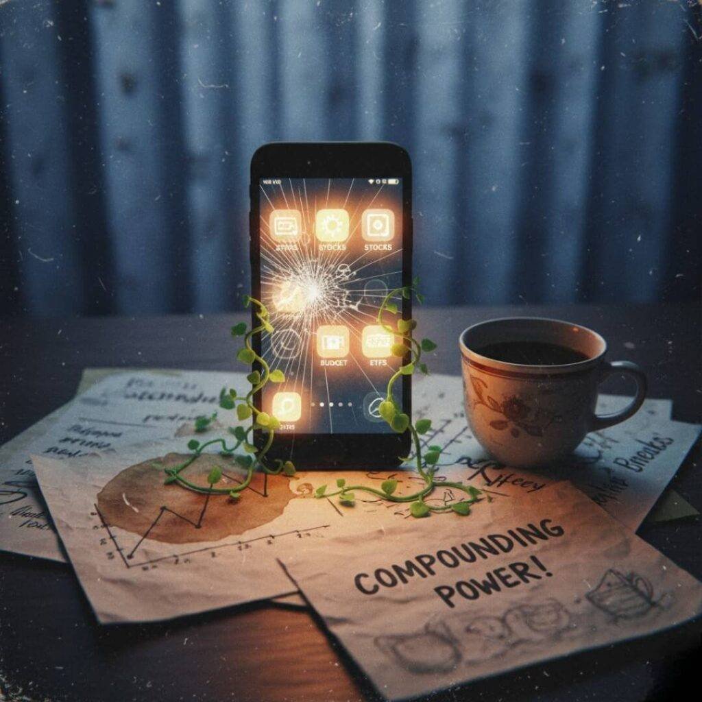 Cracked phone, investment apps, graphs as climbing vines.