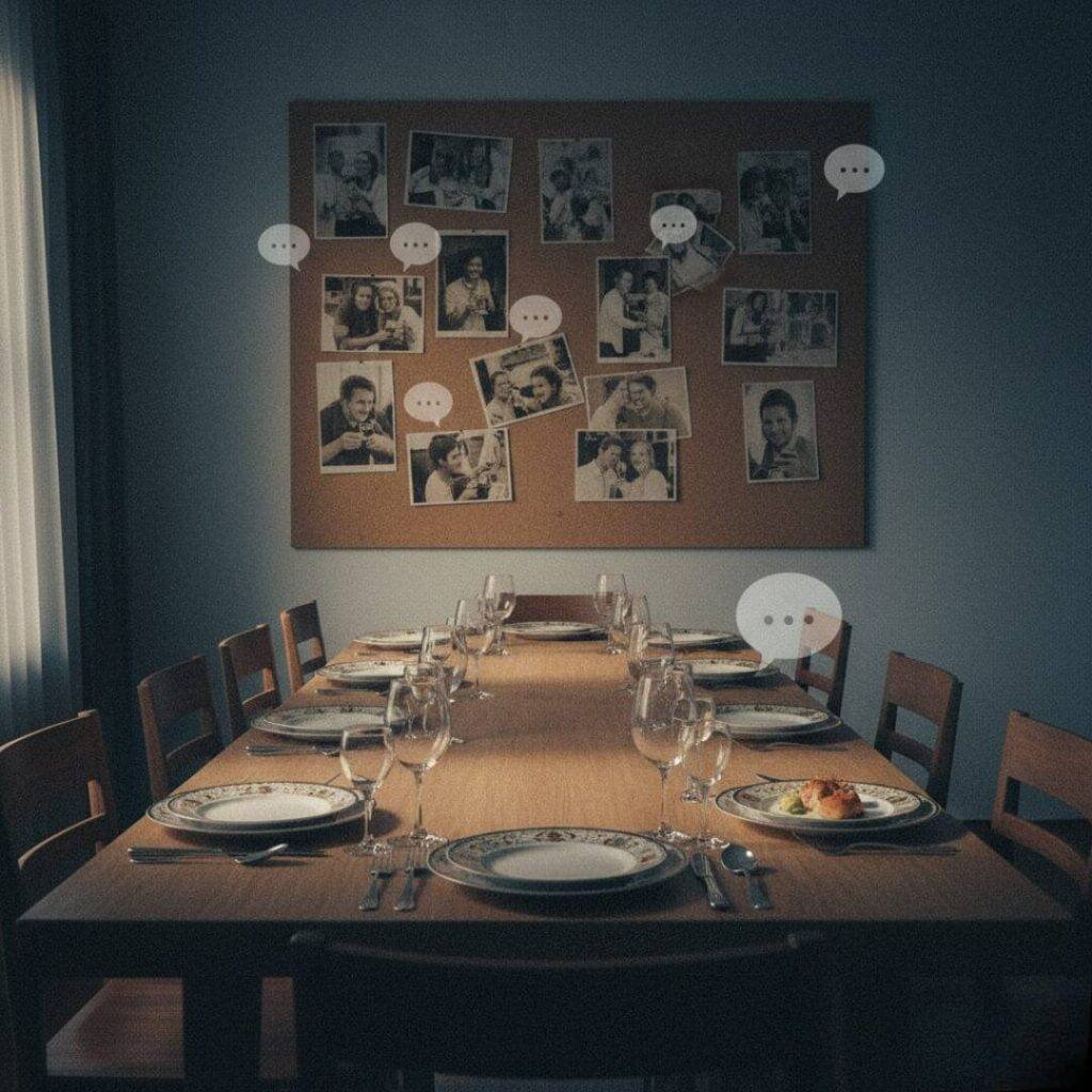 Empty dinner table, lone plate, faded photos, social isolation.