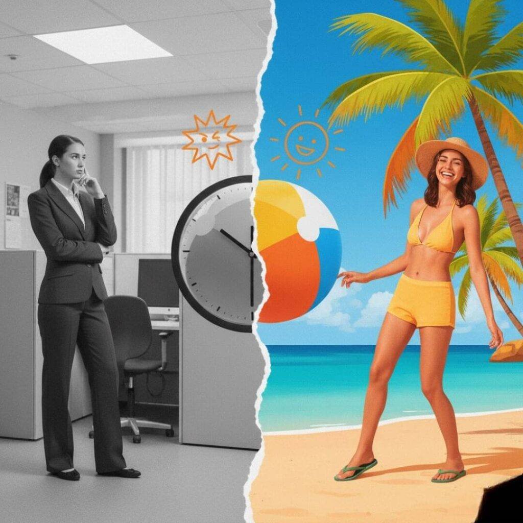 Suit vs. flip-flops collage, clock beach ball.