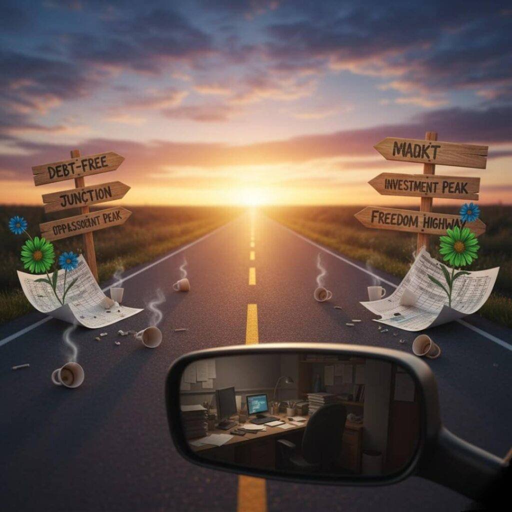 Open road to financial freedom, office in rearview.