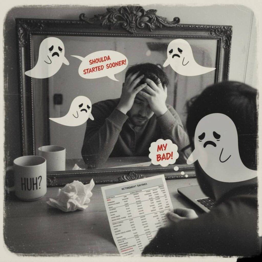 Person facepalming over 401(k) statement, cartoon ghosts.