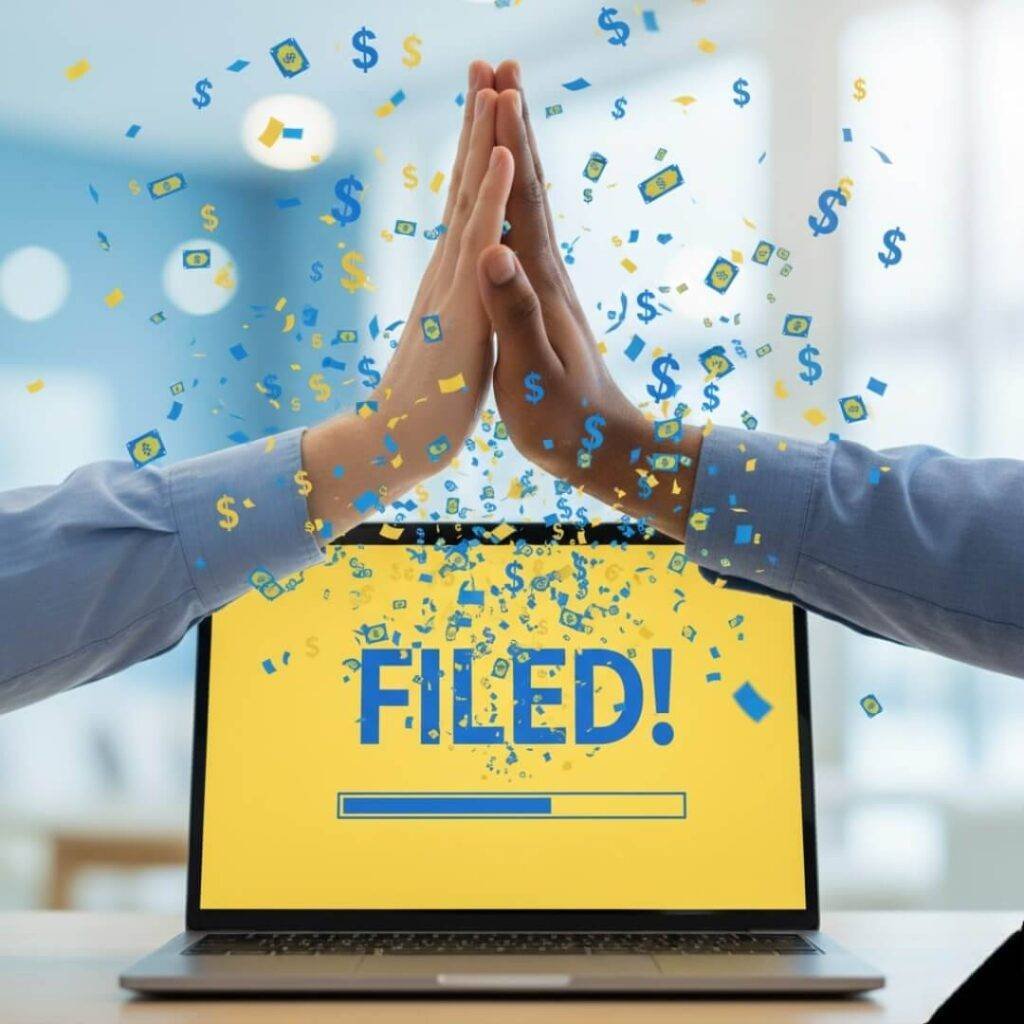 Hands high-fiving over "Filed!" on laptop.