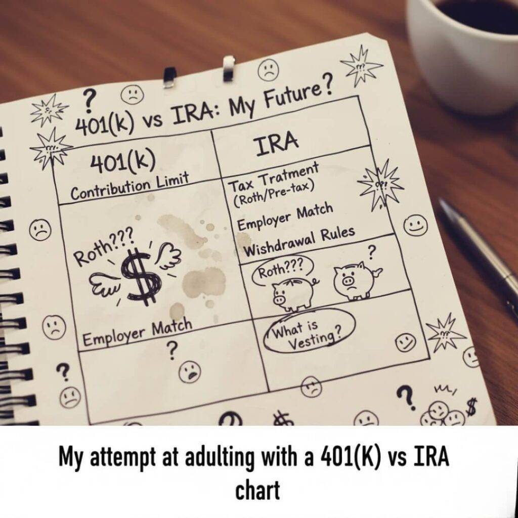 Hand-drawn 401(k) vs IRA chart with doodles.