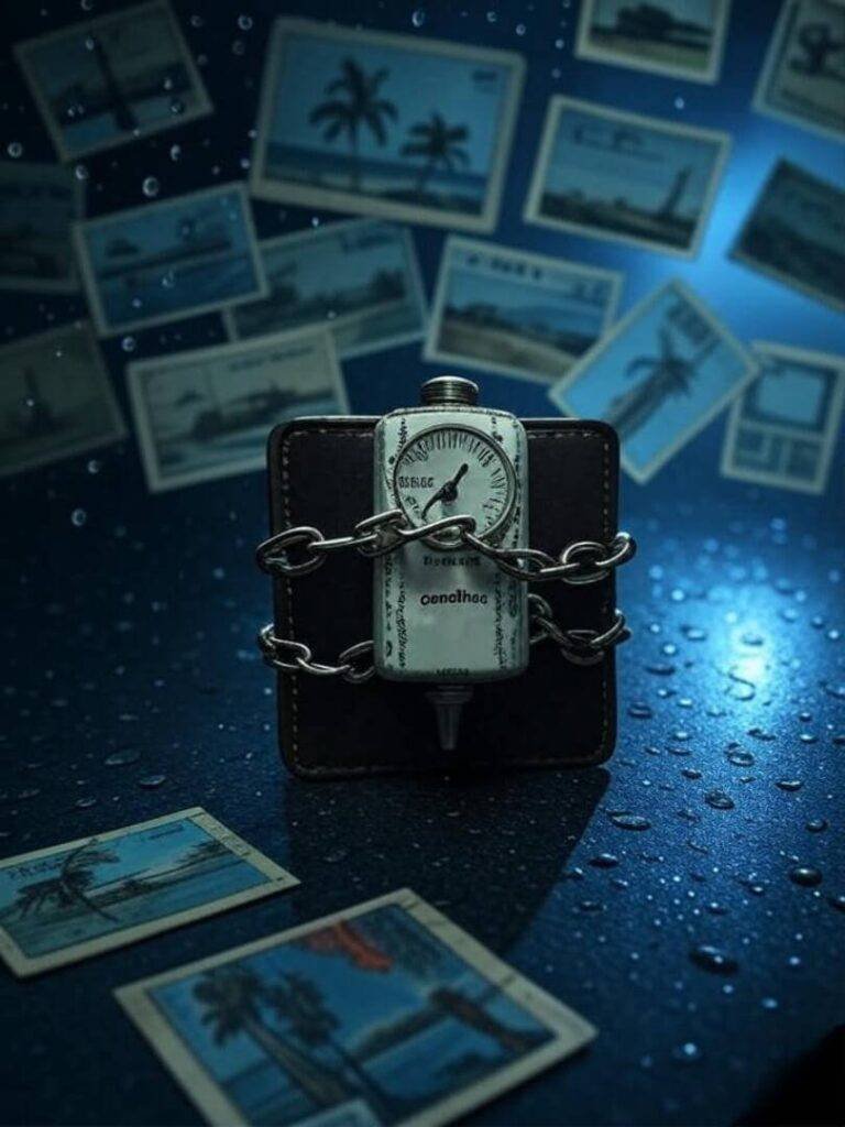 Wallet with bomb timer, postcards, rainy window view.