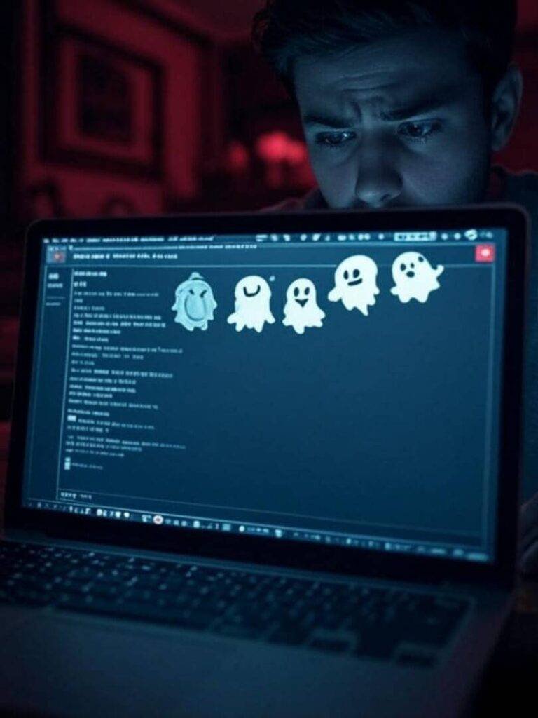 Mirrored reflection, tax errors, goofy ghost icons laugh.