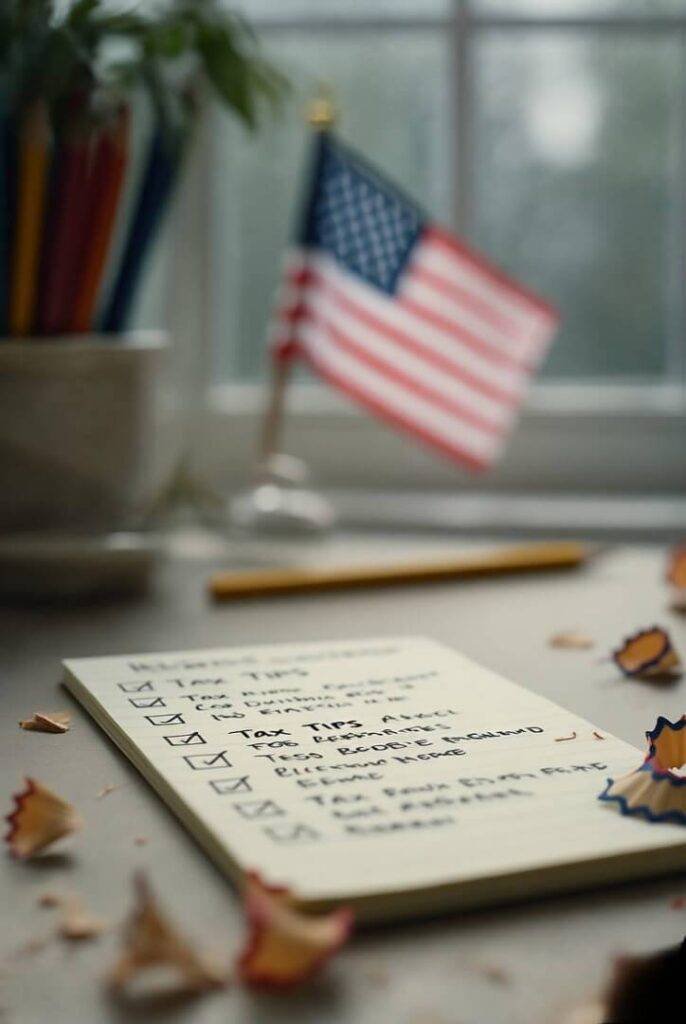 Hand-drawn tax checklist, flag, scattered shavings.