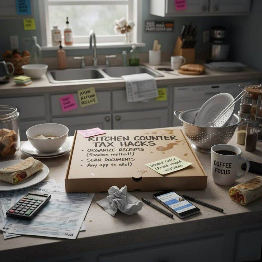 Kitchen counter with "Tax Hacks" on pizza box.