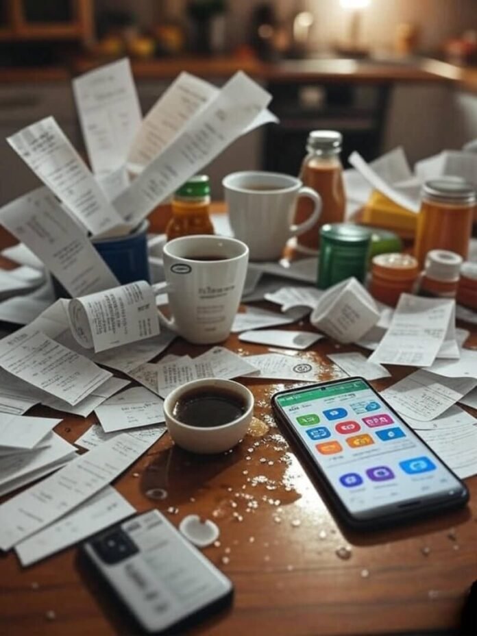 Chaotic budgeting mess with receipts and coffee stains.
