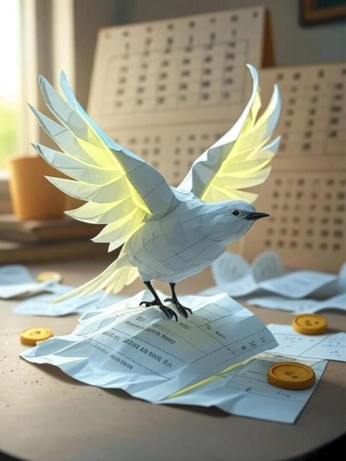 Vintage glitch birds with coins, receipts, calendars.