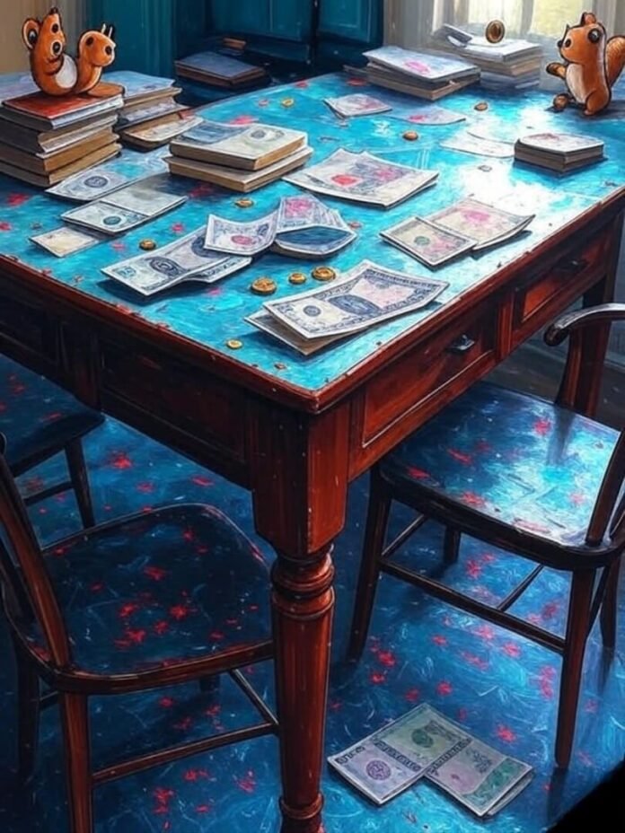 Messy budget table with holographic cash, hopeful vibe. Messy budget table with holographic cash, hopeful vibe.