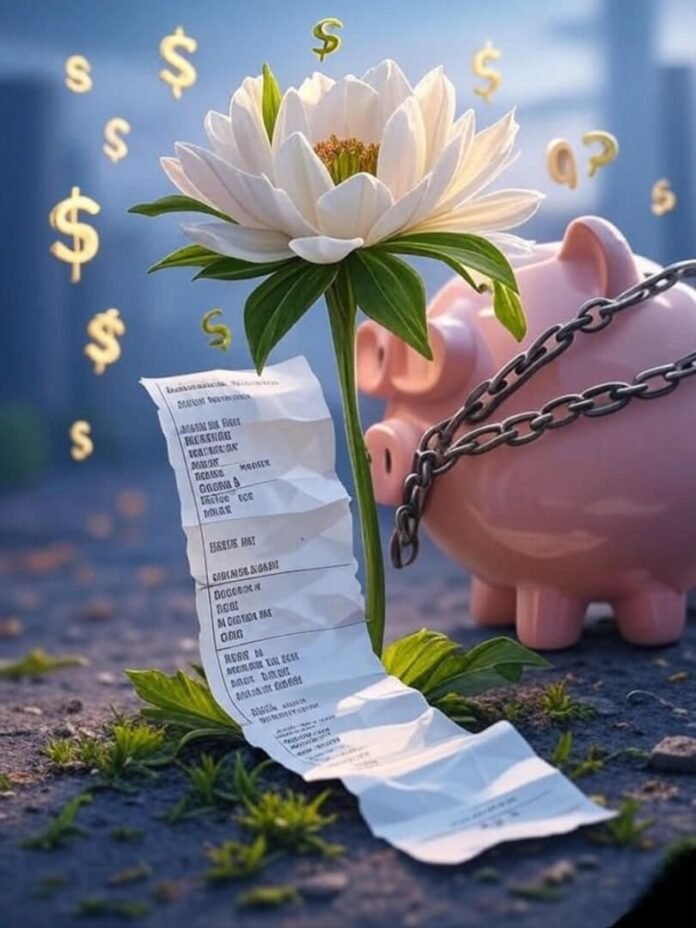 Crumpled receipt blooms into flower, split piggy bank.