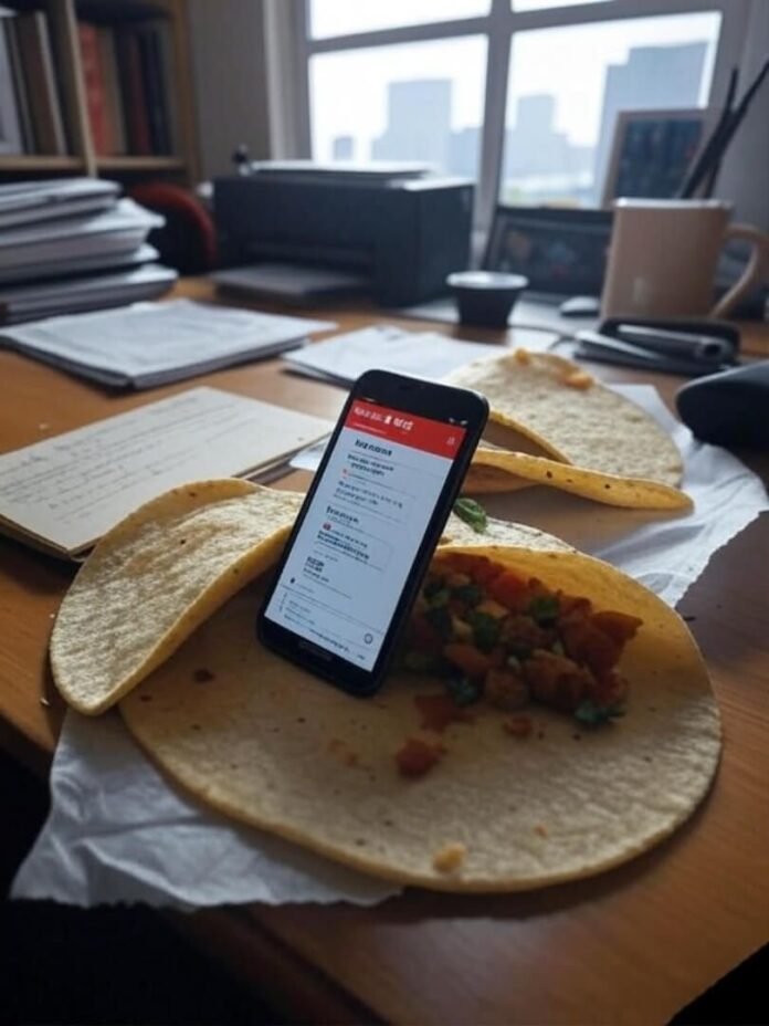 Taco crumbs clash with budget alert glow. Taco crumbs clash with budget alert glow.