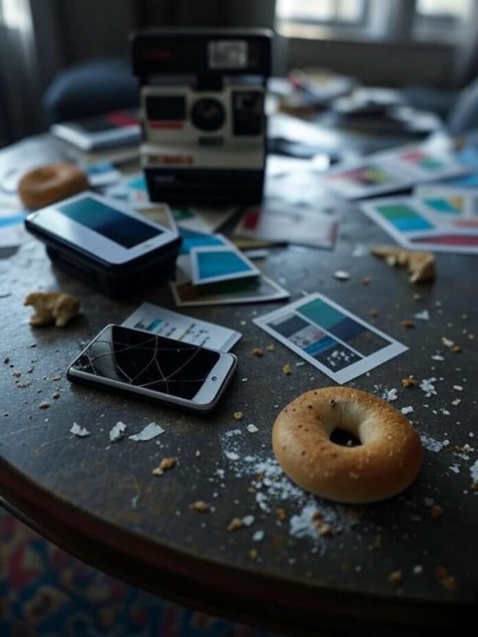Cracked phone, bagel, budget apps on messy table. Cracked phone, bagel, budget apps on messy table.