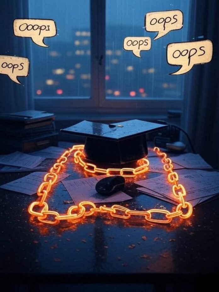 Chaotic desk, chained grad cap, rainy Boston night.