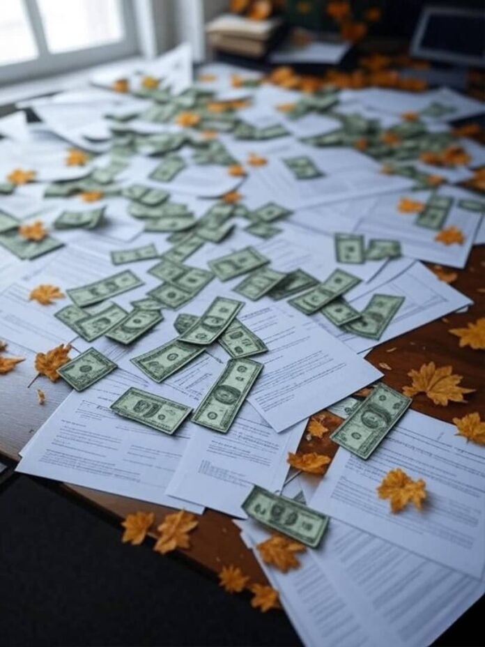 Chaotic desk with loan papers and sprouting money.