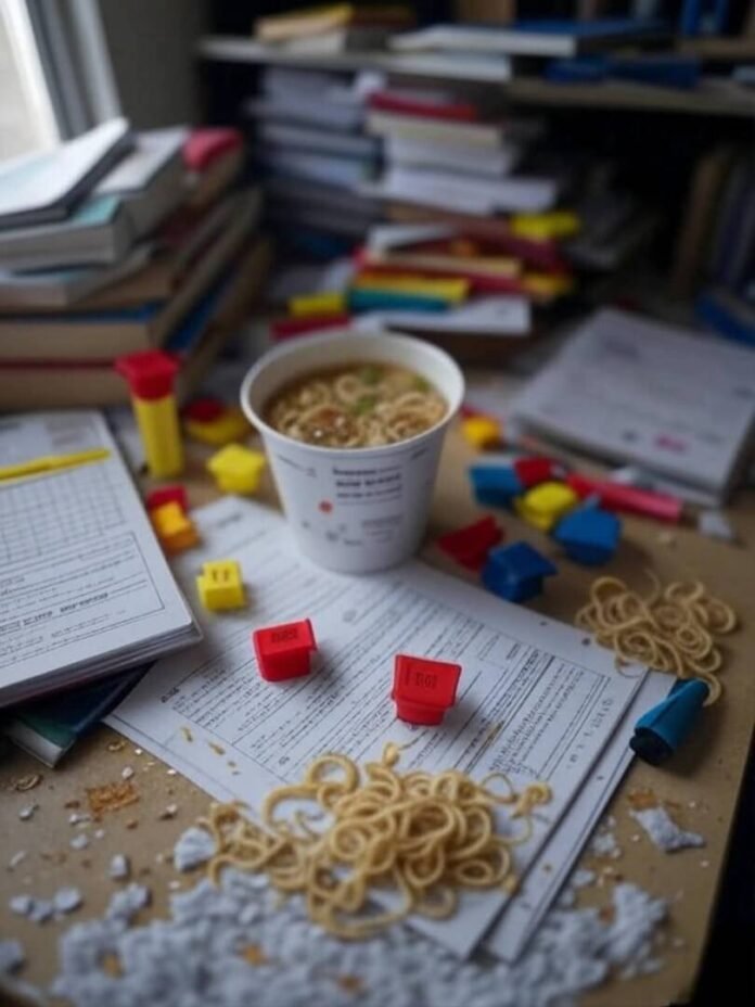 Cluttered desk with ramen, FAFSA, impressionistic style. Cluttered desk with ramen, FAFSA, impressionistic style.