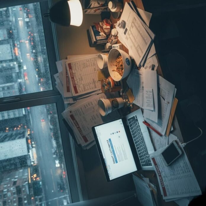 Overlooking a messy desk with credit report chaos.