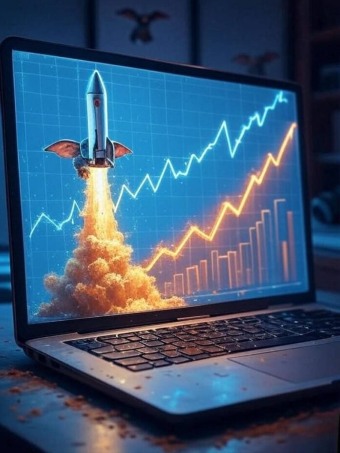 Rocket graph on tilted laptop, chaotic credit rise. Rocket graph on tilted laptop, chaotic credit rise.