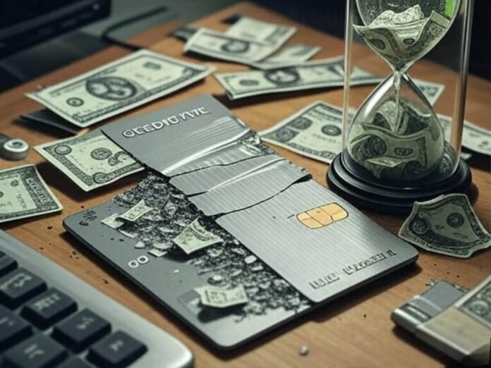 Cluttered desk with taped card and money hourglass. Cluttered desk with taped card and money hourglass.