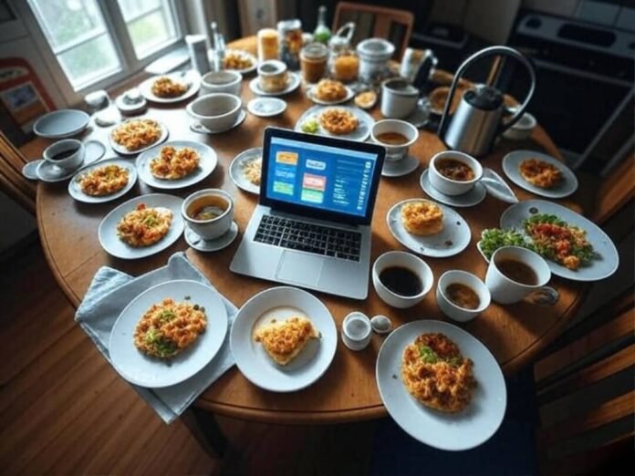 Cluttered kitchen table with credit apps open. Cluttered kitchen table with credit apps open.