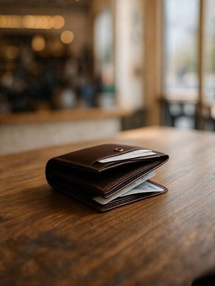 Wallet peek with credit card amid receipts. Wallet peek with credit card amid receipts.