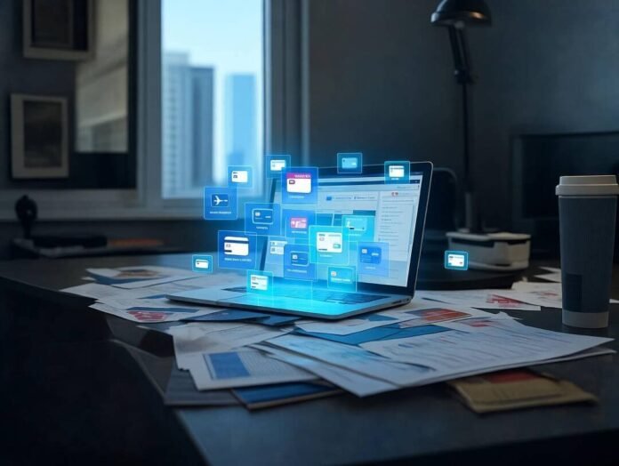 Messy desk, laptop showing credit card rewards holograms. Messy desk, laptop showing credit card rewards holograms.