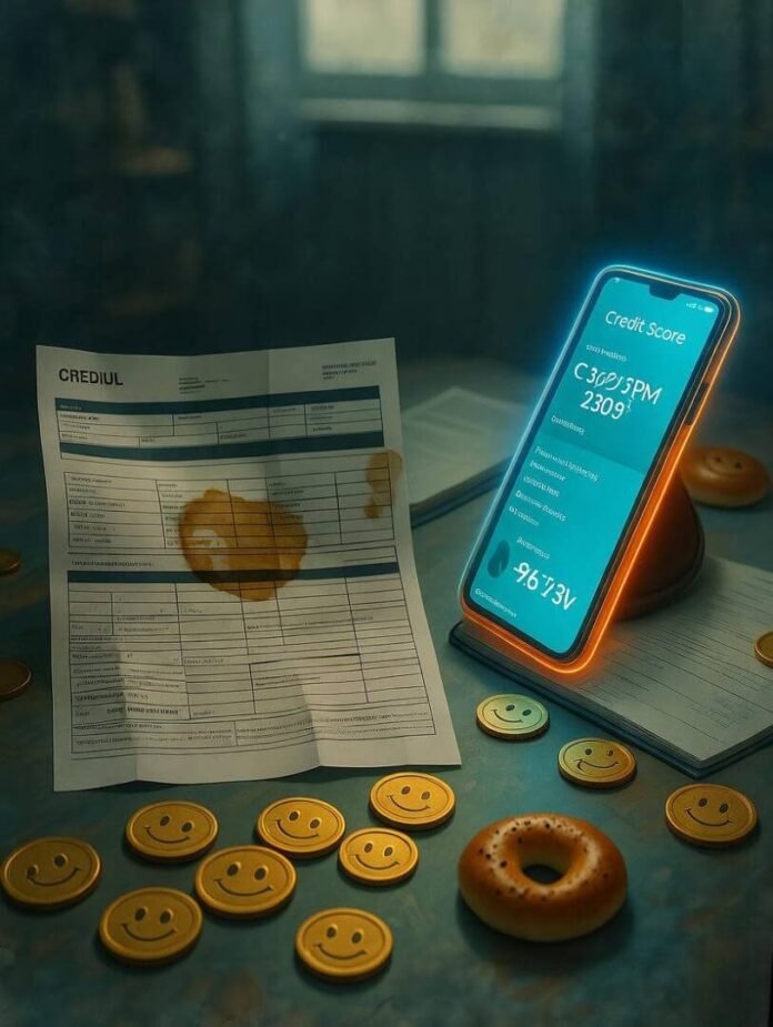 Messy desk with stained statement, phone, bagel, coins. Messy desk with stained statement, phone, bagel, coins.