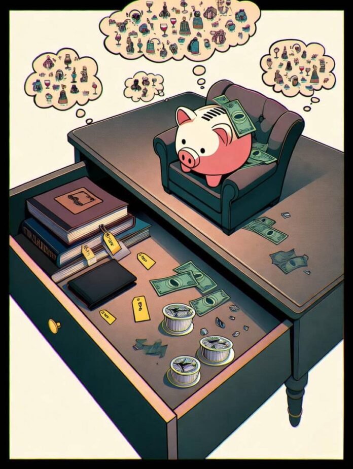 Cozy piggy bank with cash and treats in drawer.