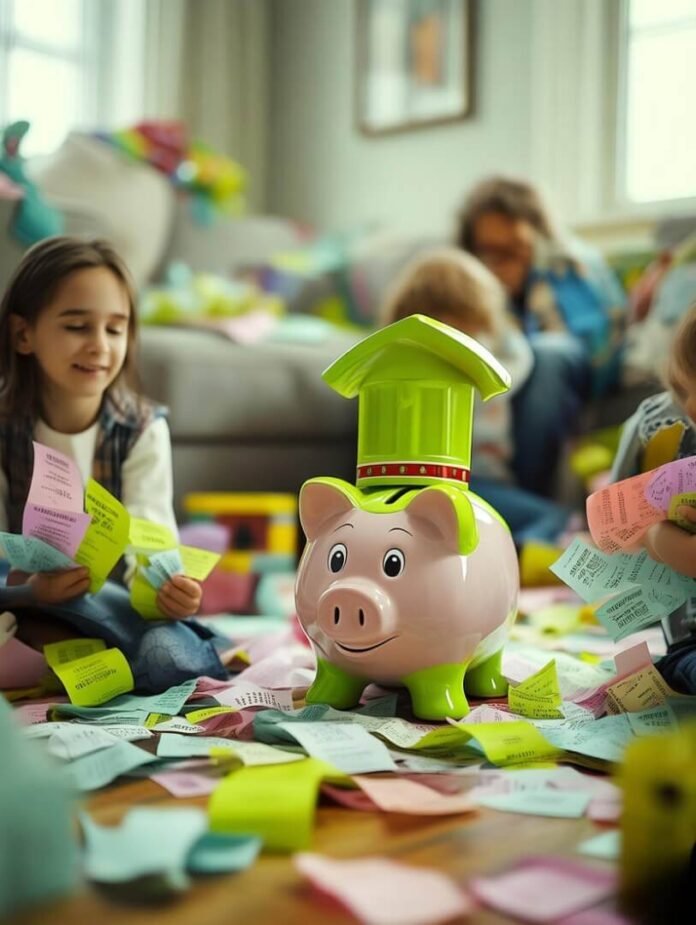 Chaotic living room, receipts flying, caped piggy bank. Chaotic living room, receipts flying, caped piggy bank.