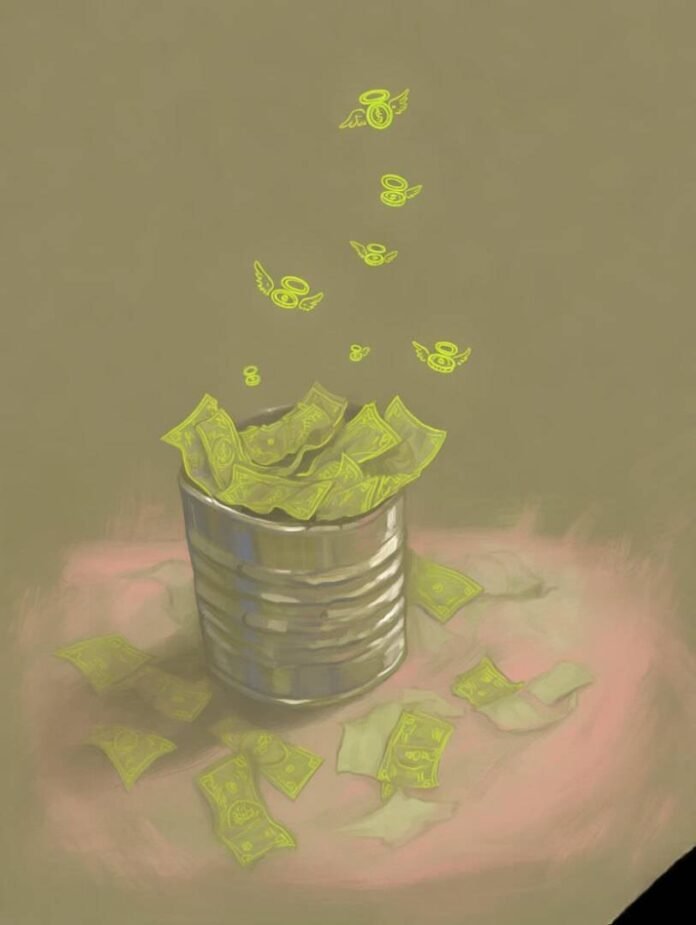 Personal perspective of a tin can tossed onto a messy apartment kitchen counter.