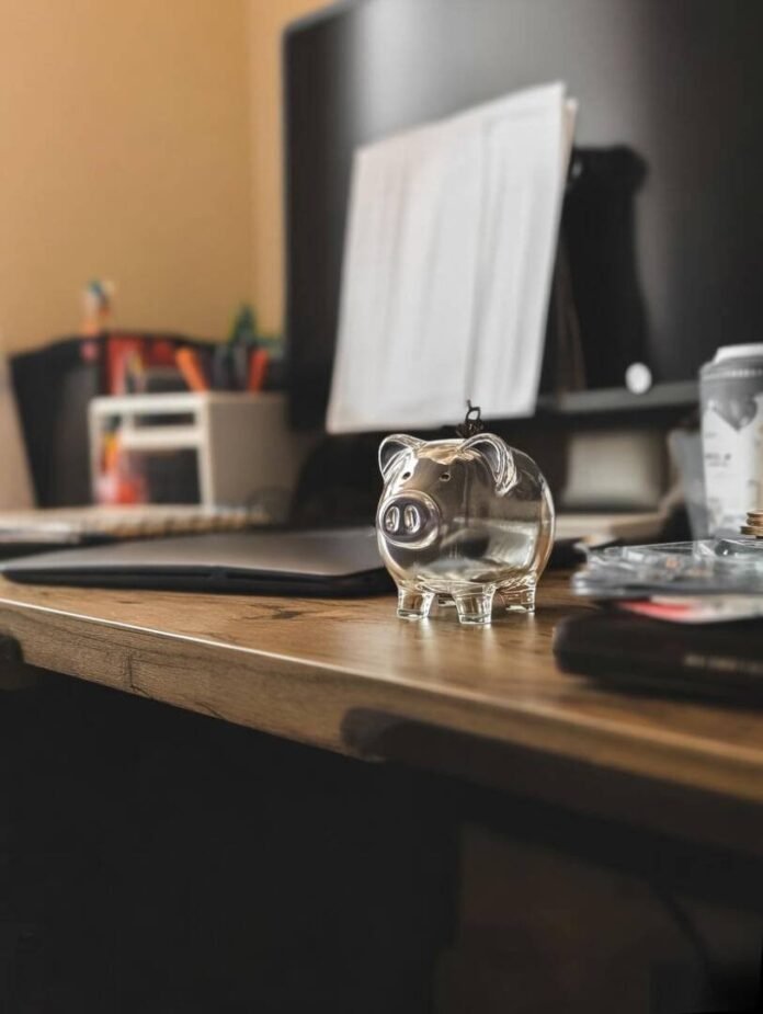 Cluttered desk with piggy bank, auto-saving scene.