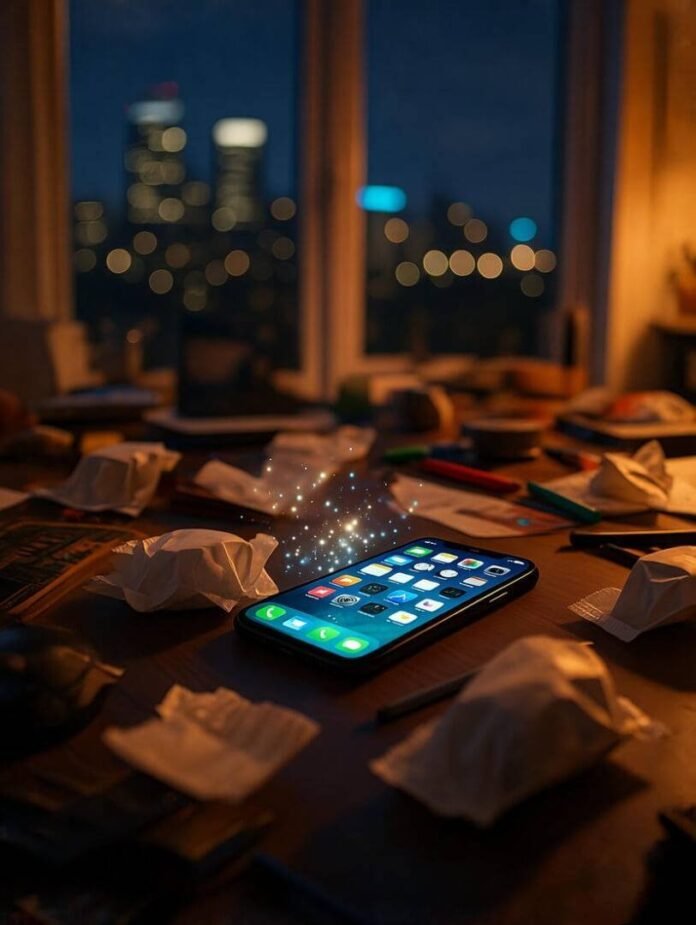 Chaotic Seattle desk with glowing app notifications. Chaotic Seattle desk with glowing app notifications.