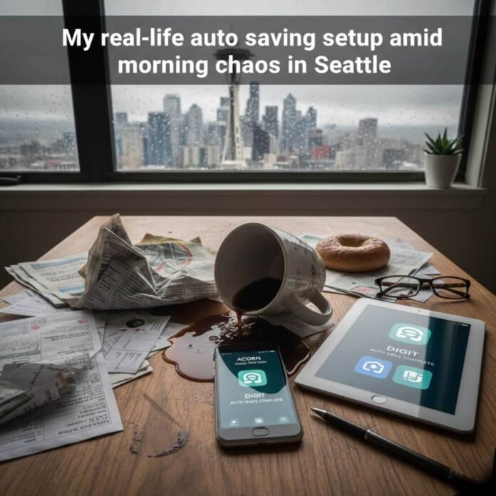Cluttered kitchen table, Seattle skyline, coffee spill, phone.