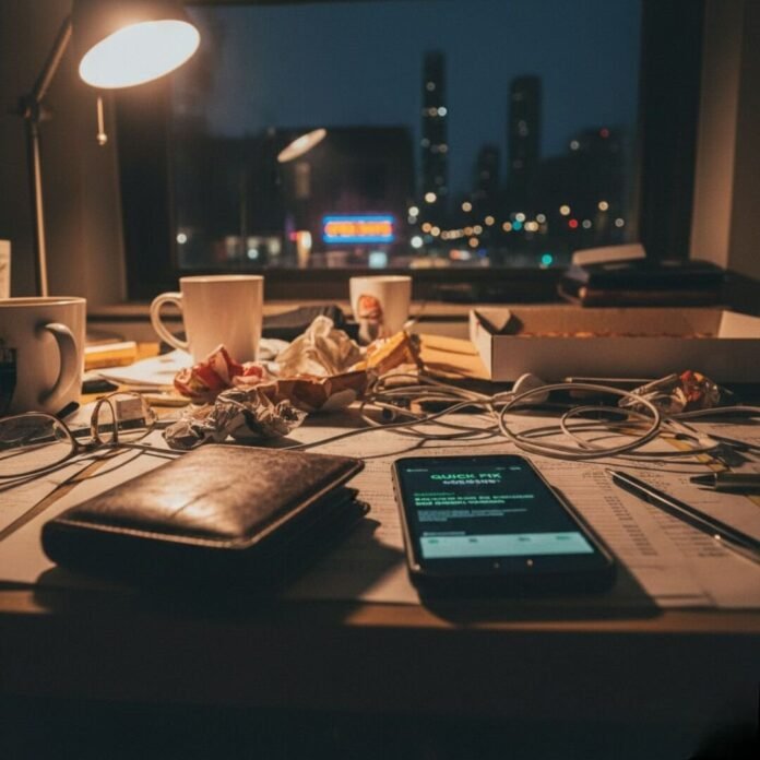 Cluttered desk, low angle, wallet and phone.