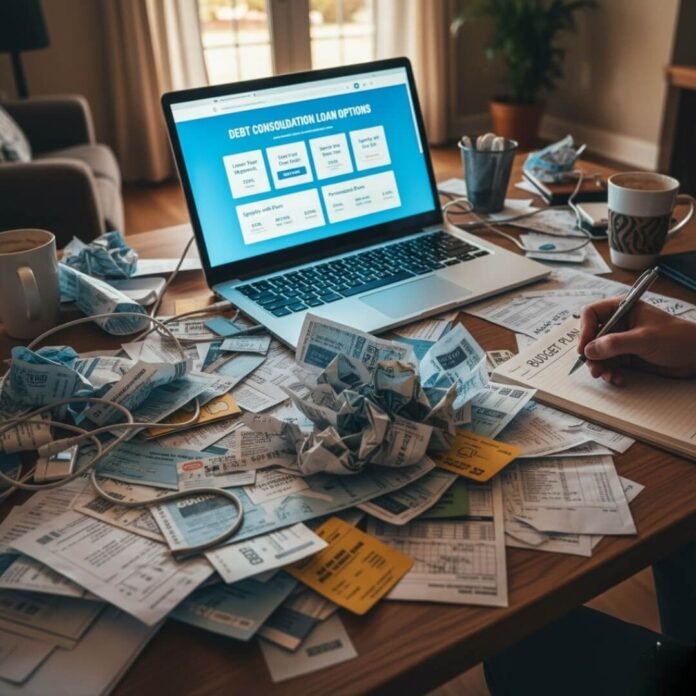 Cluttered desk with laptop, showing debt consolidation chaos. Cluttered desk with laptop, showing debt consolidation chaos.