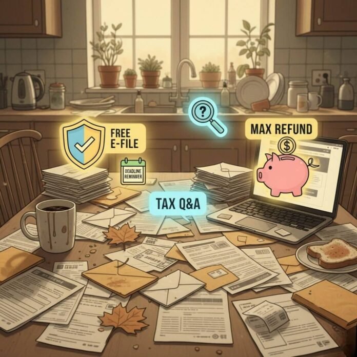 Cluttered kitchen table, tax docs, helpful icons.