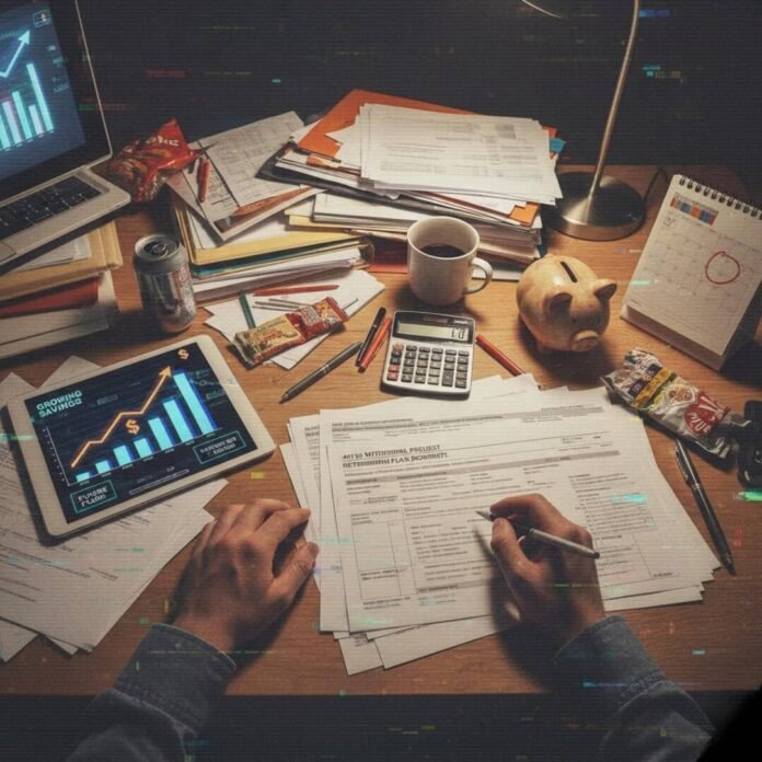 Messy desk, 401(k) forms, growing savings. Messy desk, 401(k) forms, growing savings.