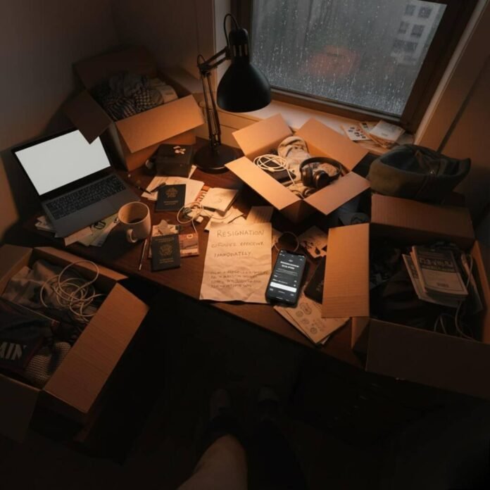 Desk chaos, resignation letter, 401(k) app. Desk chaos, resignation letter, 401(k) app.