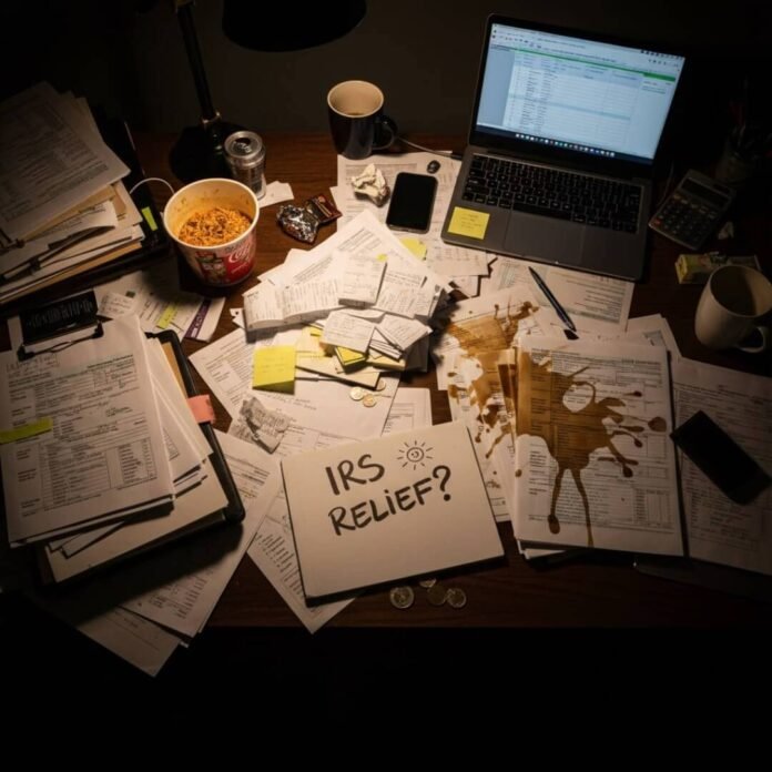 Cluttered desk, coffee stains, "IRS relief?" sign. Cluttered desk, coffee stains, "IRS relief?" sign.