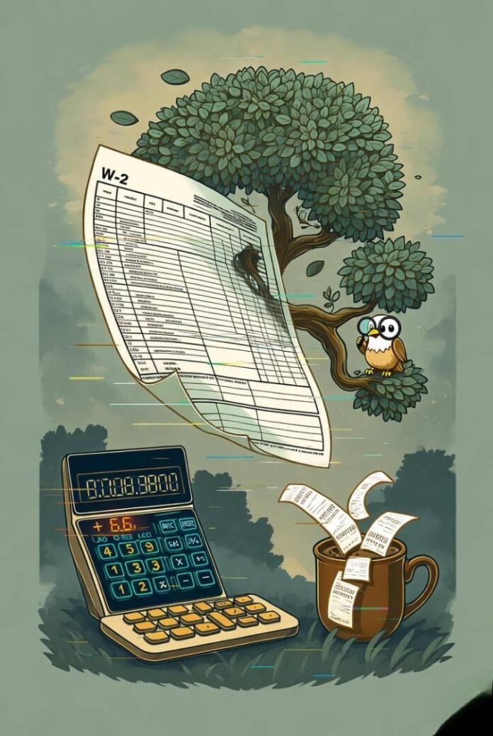 Messy desk with tax forms and money tree vibe.